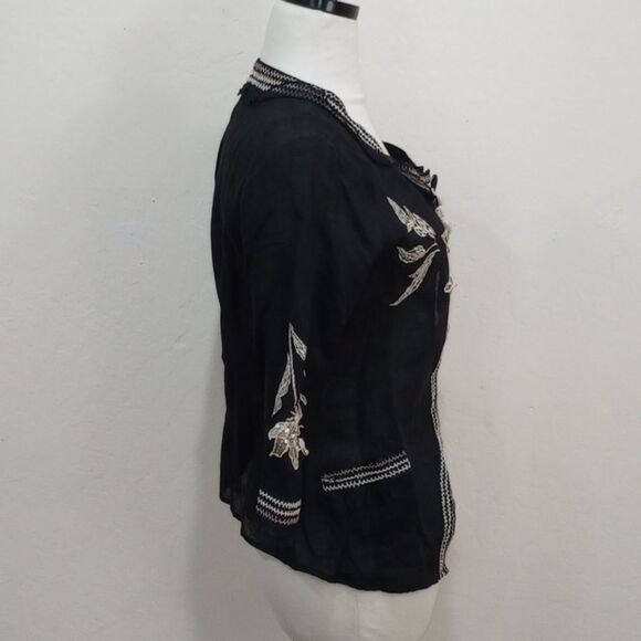 Vintage CoVelo Black Linen Floral Jacket Cardigan - Size 6 - Picture 8 of 11